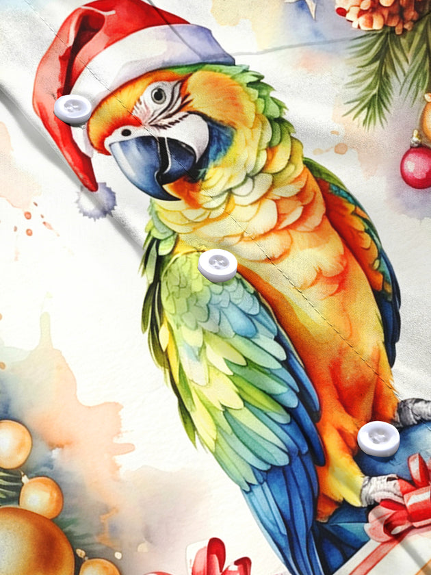 Adaychic Men's Hawaiian Christmas Parrot Print Long Sleeve Shirt with Chest Pocket
