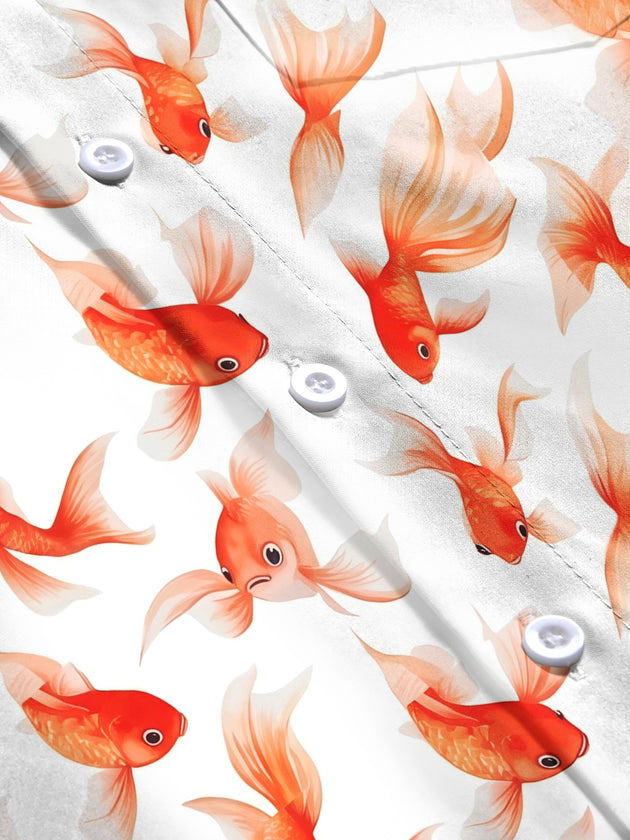 Adaychic Men's Hawaiian Goldfish Pattern Orange Fish Print Long Sleeve Shirt with Chest Pocket