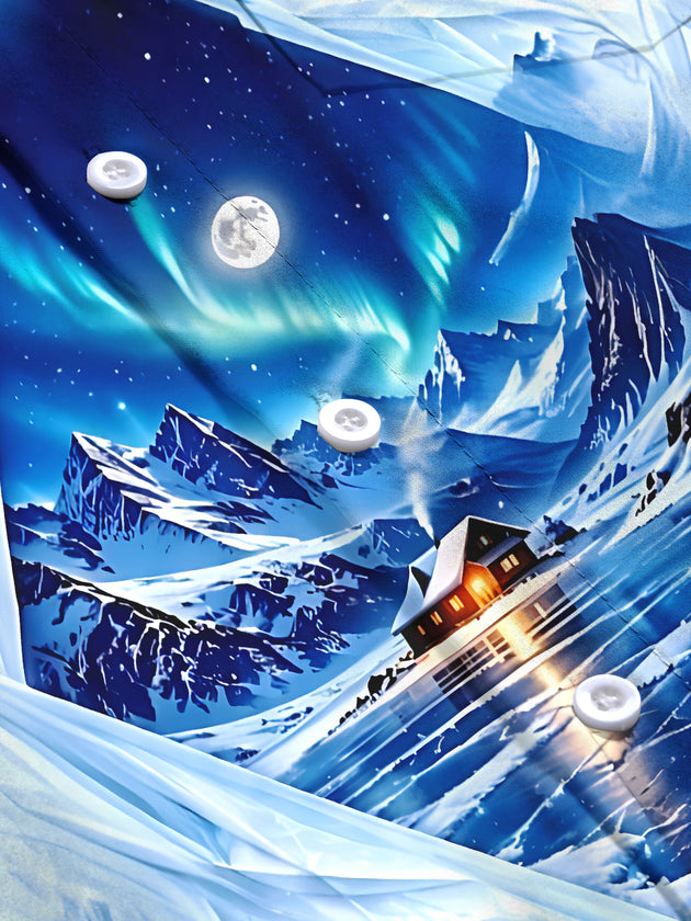 Adaychic Men's Winter Arctic Cabin And Aurora Borealis Print Long Sleeve Shirt with Chest Pocket