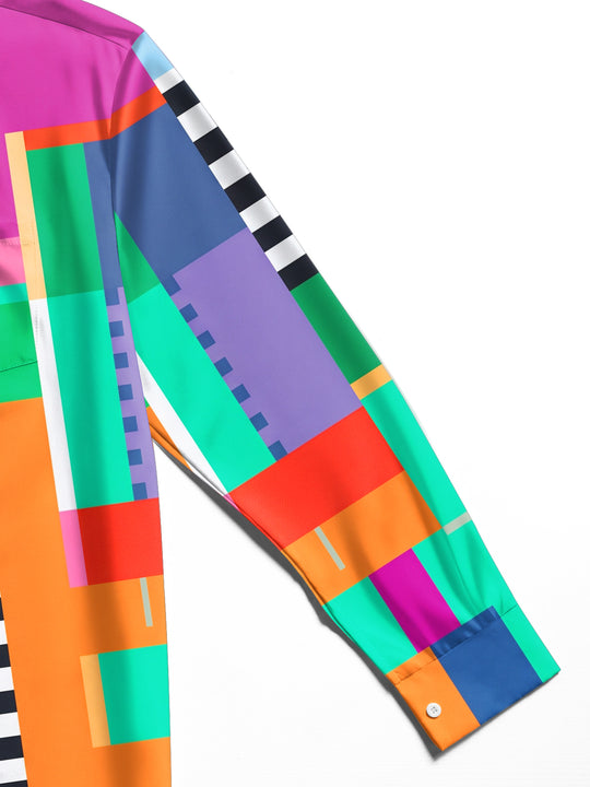 Adaychic Men's Patterned Colorful Geometric Blocks Print Long Sleeve Shirt with Chest Pocket
