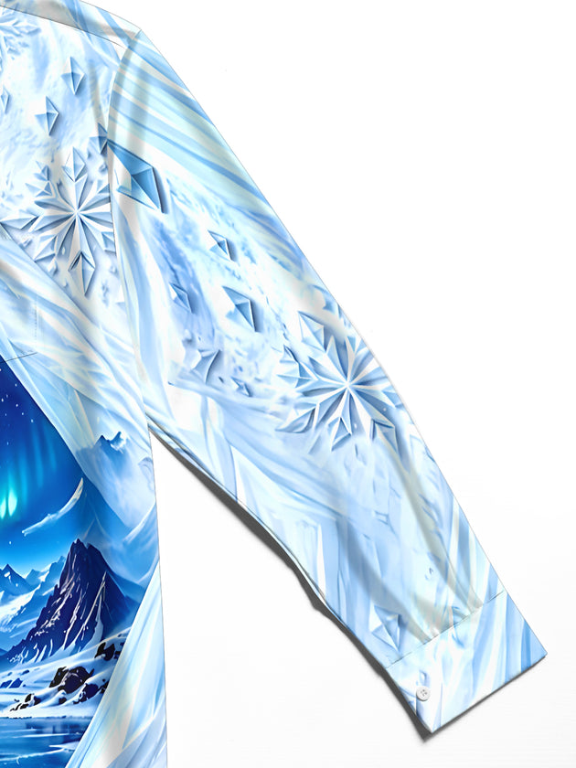 Adaychic Men's Winter Arctic Cabin And Aurora Borealis Print Long Sleeve Shirt with Chest Pocket
