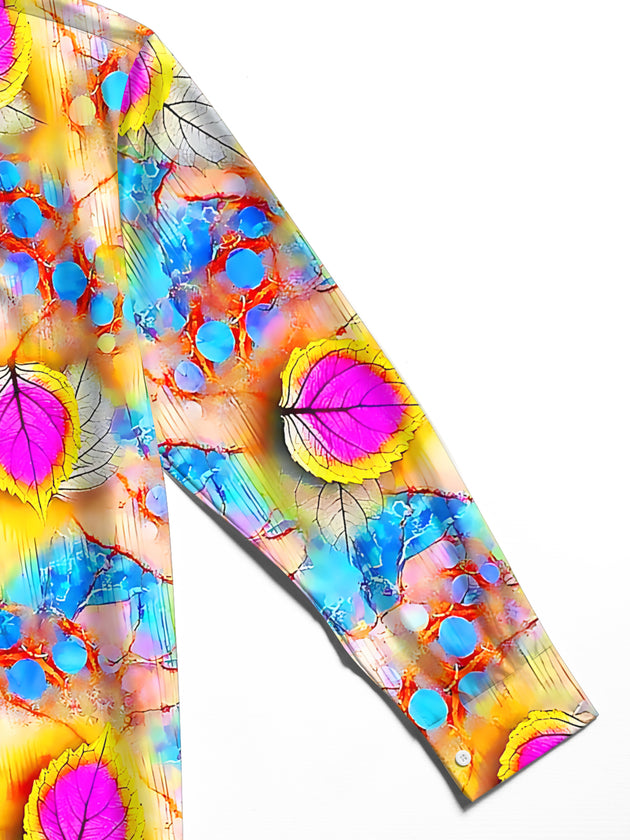 Adaychic Men's Hawaiian Colorful Leaf Pattern Long Sleeve Shirt with Chest Pocket