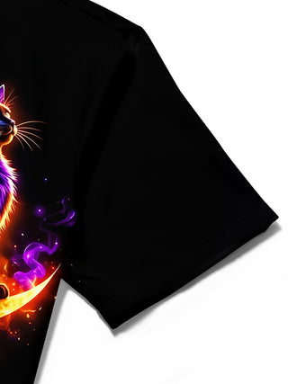 Adaychic Men's Halloween Black Cat On Crescent Moon Print Short Sleeve Shirt with Chest Pocket