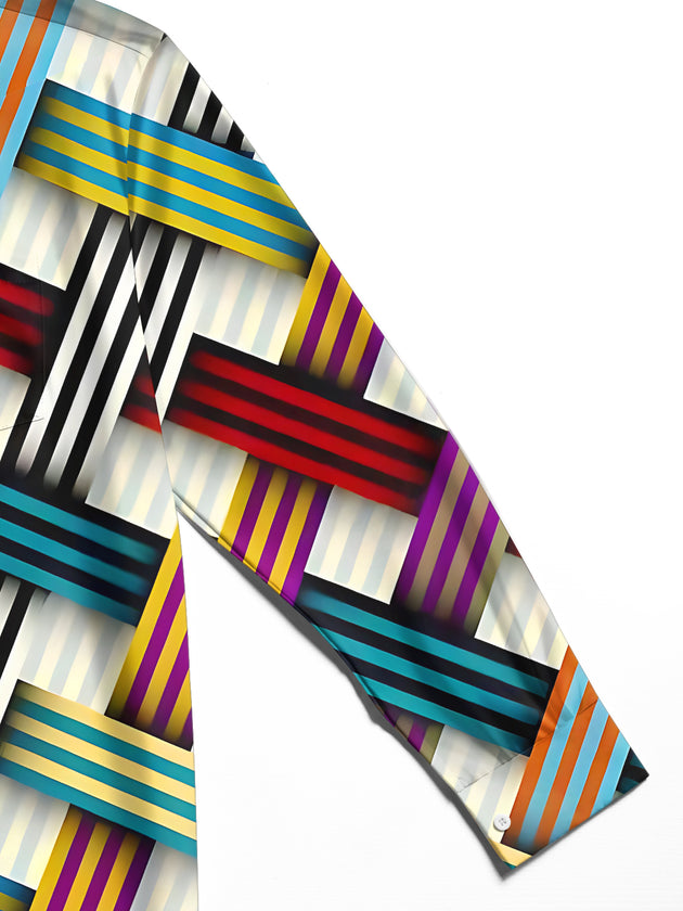 Adaychic Men's Printed Colorful Geometric Stripes Print Long Sleeve Shirt with Chest Pocket