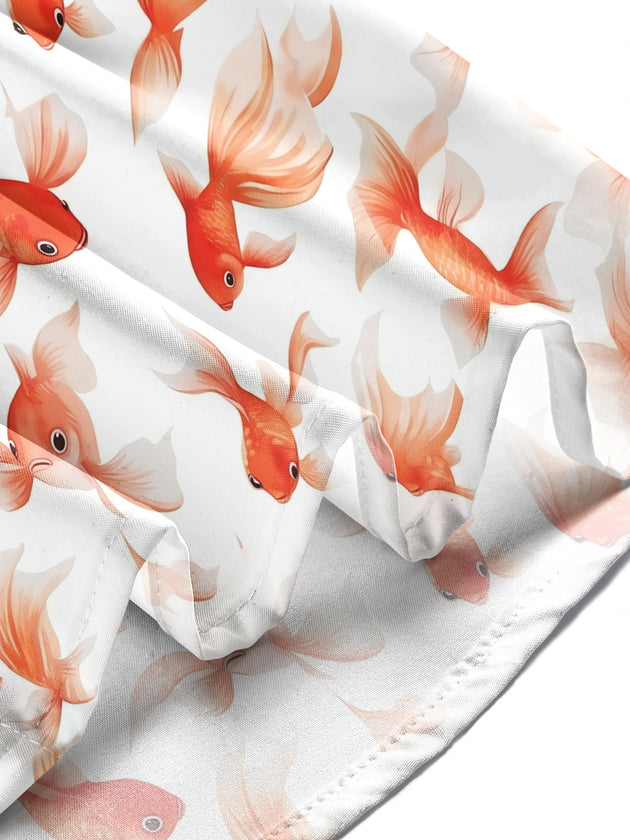 Adaychic Men's Hawaiian Goldfish Pattern Orange Fish Print Long Sleeve Shirt with Chest Pocket