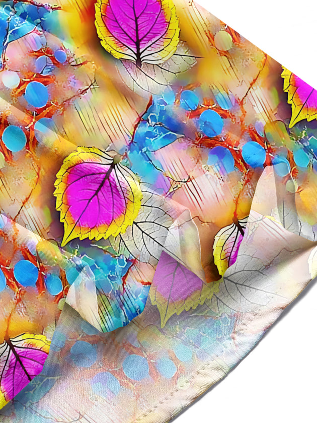 Adaychic Men's Hawaiian Colorful Leaf Pattern Long Sleeve Shirt with Chest Pocket