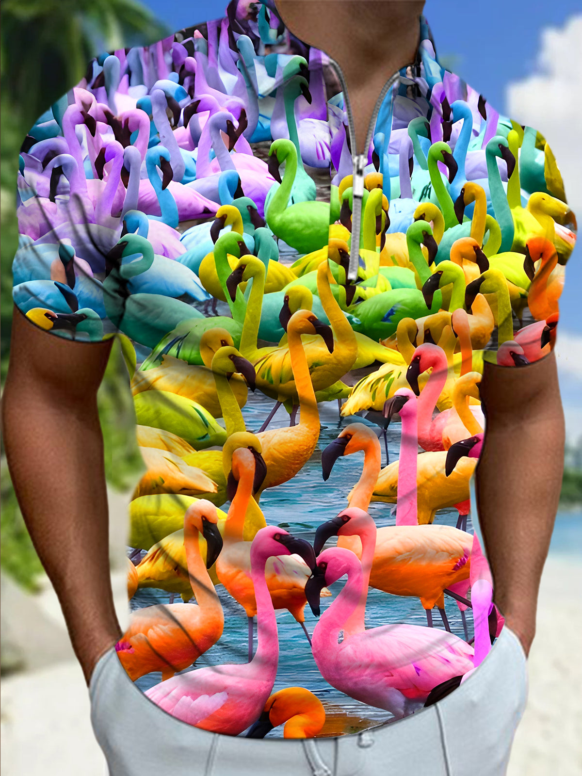 Men's tropical flamingo print short sleeve polo shirt front view for beach vacation