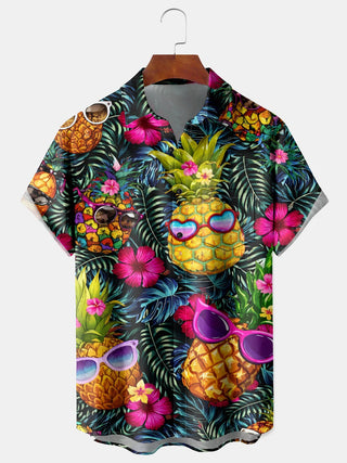 Men's funny pineapple print short sleeve Hawaiian shirt front view for tropical beach vacation