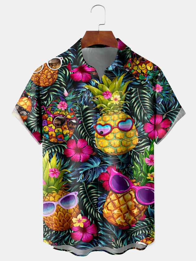 Men's funny pineapple print short sleeve Hawaiian shirt front view for tropical beach vacation