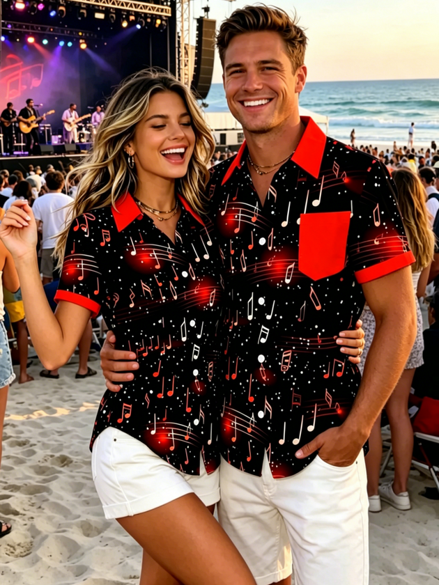 Couple Matching Music Note Print Short Sleeve
