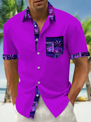 Back view of men's Hawaiian botanical print pocket short sleeve shirt