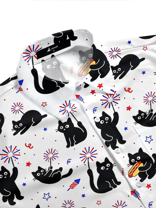 Independence Cat Hot Dog Firework Men's Pocket Short Sleeve Shirts