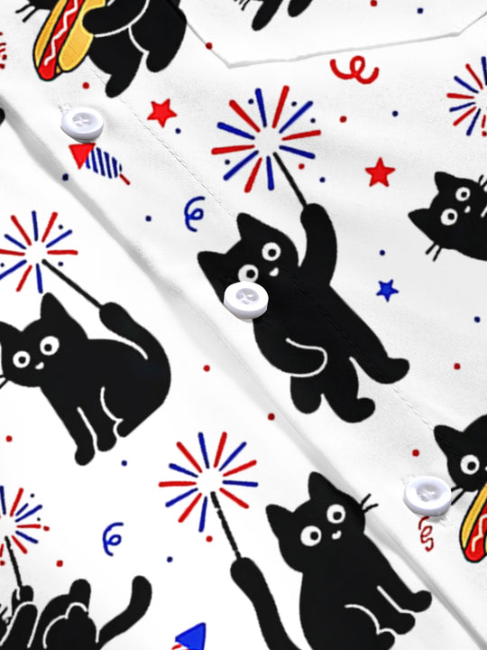 Independence Cat Hot Dog Firework Men's Pocket Short Sleeve Shirts