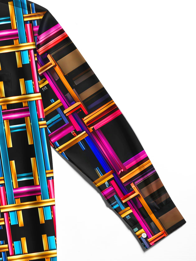 Adaychic Men's Patterned Colorful Metal Weave Plaid Print Long Sleeve Shirt with Chest Pocket
