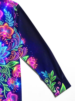 Adaychic Men's Printed Neon Floral Paisley Print Long Sleeve Shirt with Chest Pocket