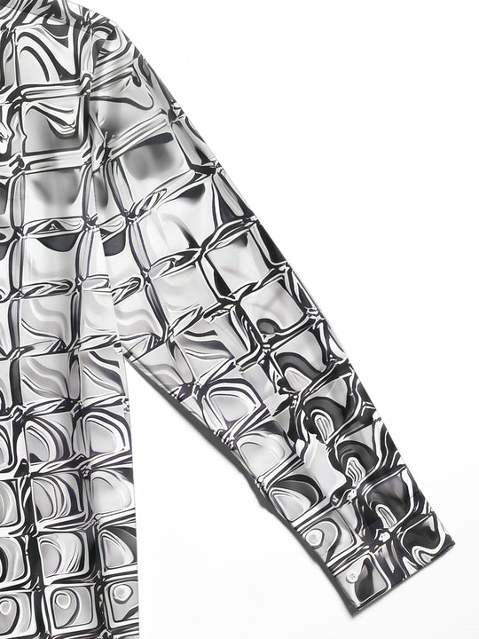 Adaychic Men's Patterned Distorted Liquid Squares Print Long Sleeve Shirt with Chest Pocket