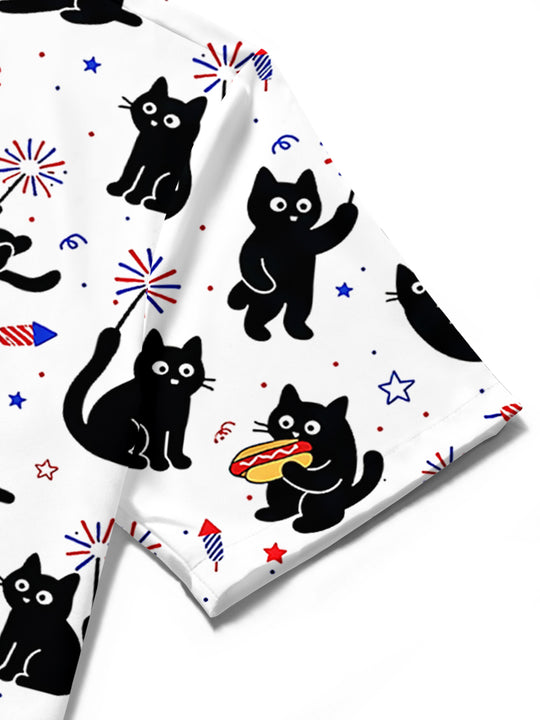 Independence Cat Hot Dog Firework Men's Pocket Short Sleeve Shirts