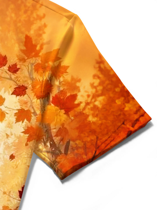 Adaychic Men's Graphic Autumn Owl Print Maple Leaves Print Short Sleeve Shirt with Chest Pocket