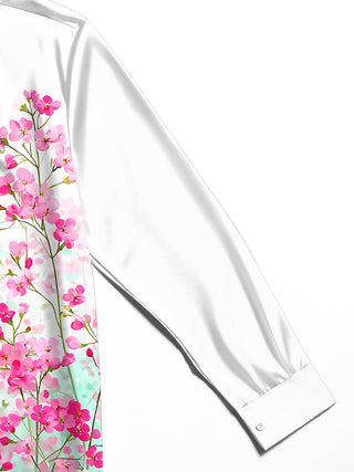 Adaychic Men's Floral Pink Flower Print Floral Pattern Long Sleeve Shirt with Chest Pocket