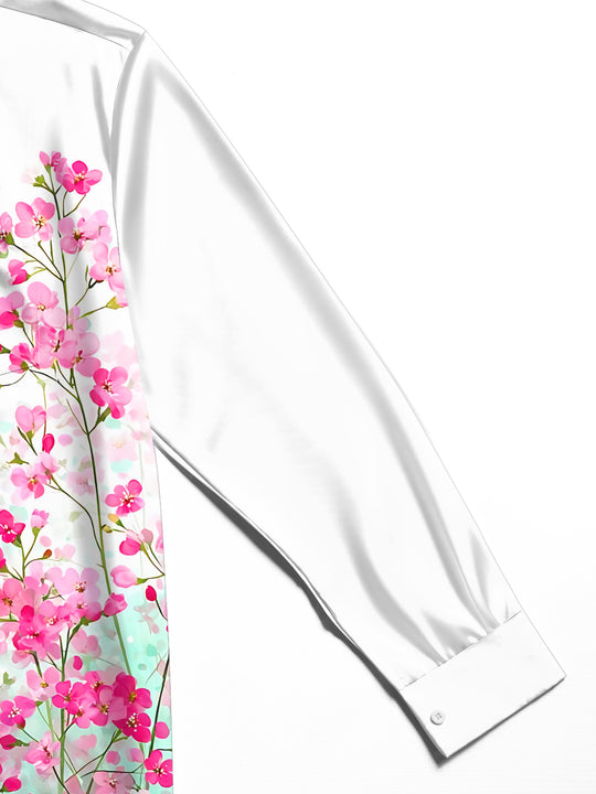 Adaychic Men's Floral Pink Flower Print Floral Pattern Long Sleeve Shirt with Chest Pocket