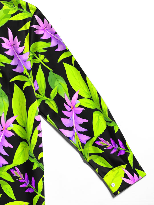 Adaychic Men's Hawaiian Purple Flowers Print Long Sleeve Shirt with Chest Pocket