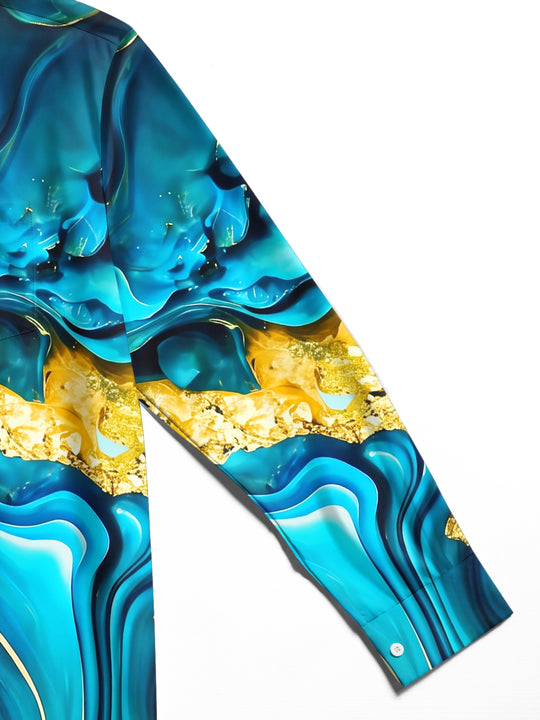 Adaychic Men's Printed Marble Effect Print Gold Veins Print Long Sleeve Shirt with Chest Pocket