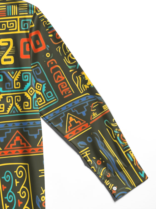 Adaychic Men's Hawaiian Ethnic Geometric Totem Print Long Sleeve Shirt with Chest Pocket