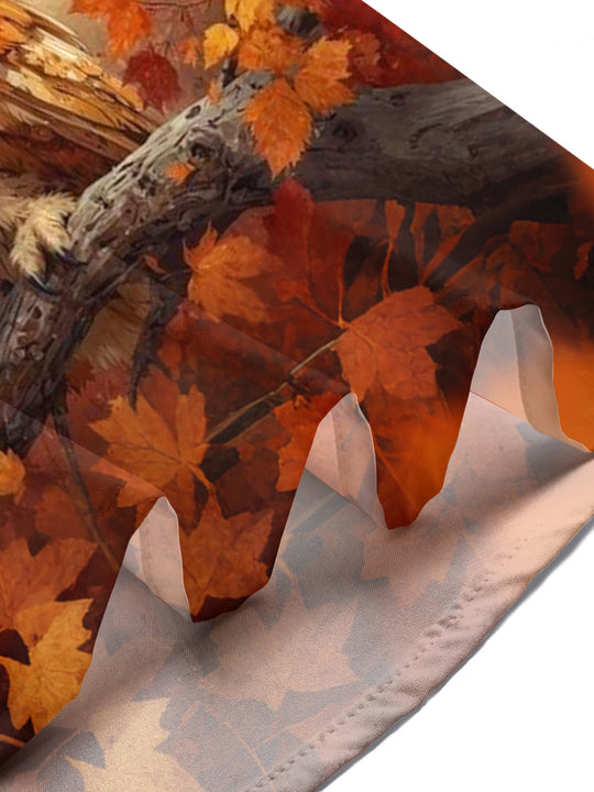 Adaychic Men's Graphic Autumn Owl Print Maple Leaves Print Short Sleeve Shirt with Chest Pocket