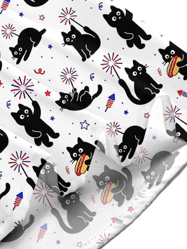 Independence Cat Hot Dog Firework Men's Pocket Short Sleeve Shirts