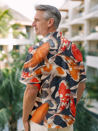 Men's carp print short sleeve shirt flat lay pattern detail