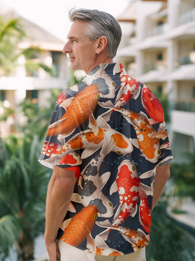 Men's carp print short sleeve shirt flat lay pattern detail