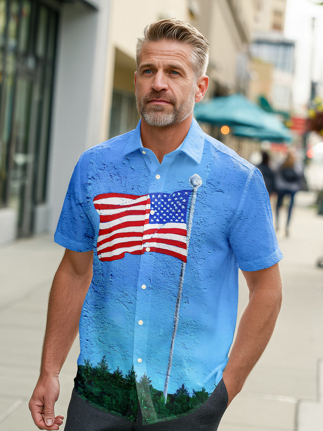 Men's American flag print short sleeve shirt front view for Independence Day