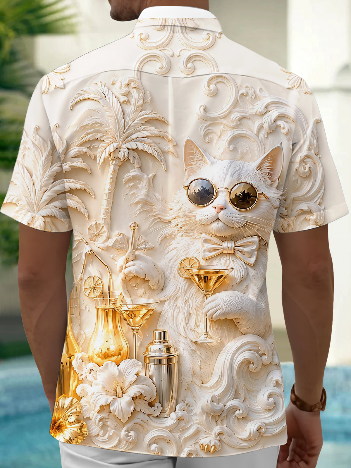 Adaychic Men's Hawaiian Cat With Sunglasses Print Short Sleeve Shirt with Chest Pocket