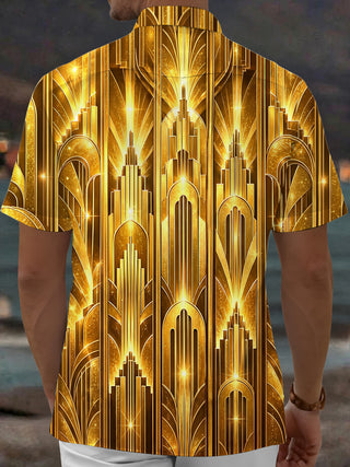 Adaychic Men's Short Sleeve Shirt - Art Deco Geometric Gold Lines And Arches Print with Chest Pocket