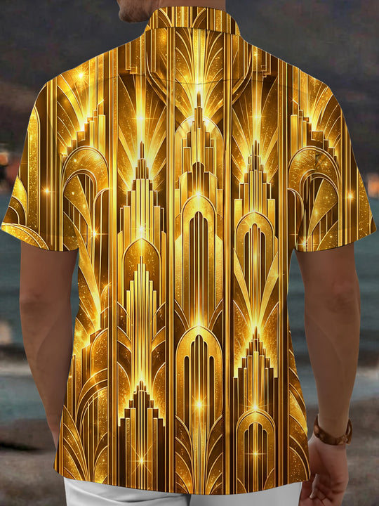 Adaychic Men's Short Sleeve Shirt - Art Deco Geometric Gold Lines And Arches Print with Chest Pocket