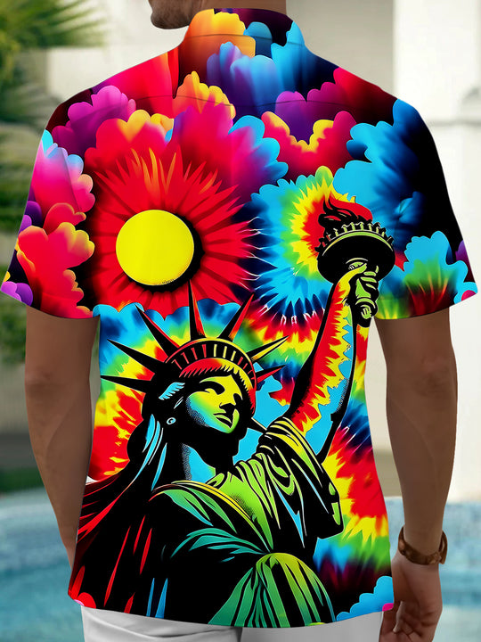 Tie Dye The Statue of Liberty Men's Pocket Short Sleeve Shirts