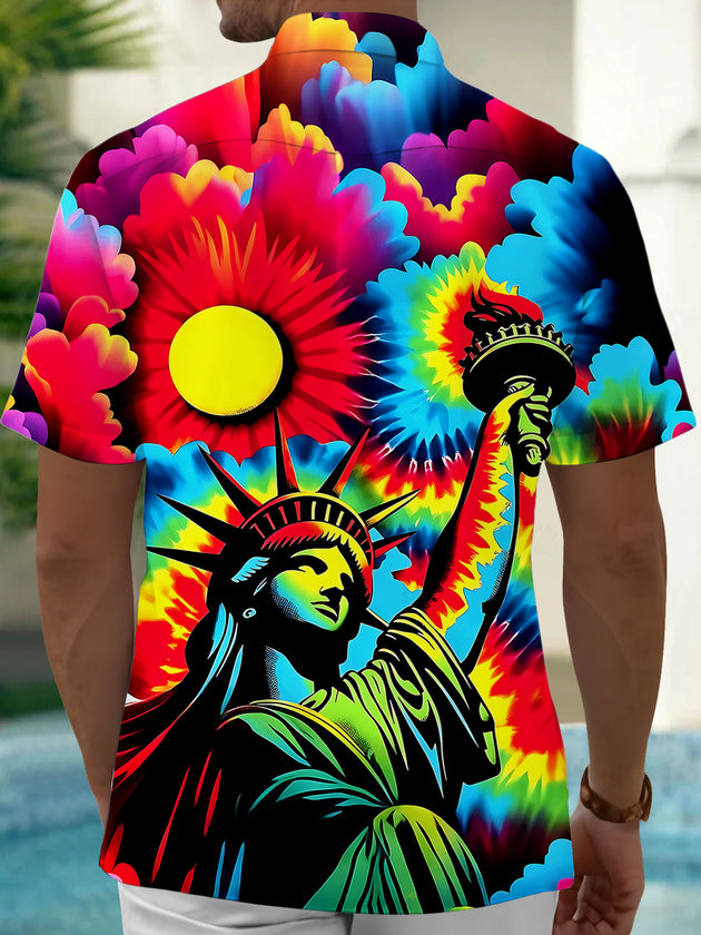 Tie Dye The Statue of Liberty Men's Pocket Short Sleeve Shirts