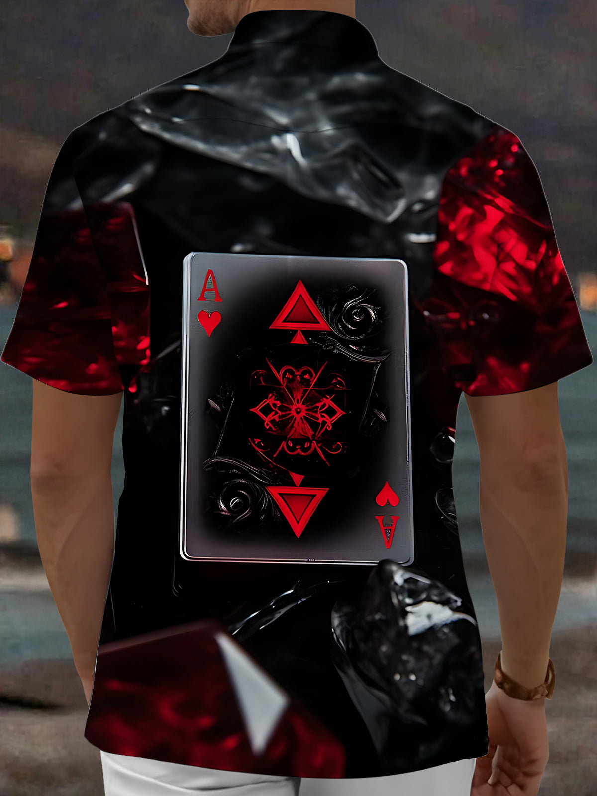Adaychic Men's Graphic Poker Print Dark Print Short Sleeve Shirt with Chest Pocket