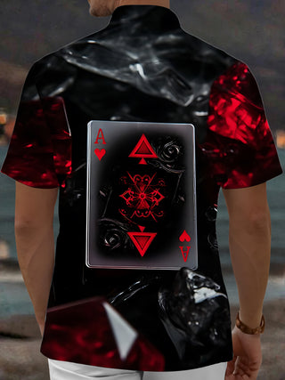 Adaychic Men's Graphic Poker Print Dark Print Short Sleeve Shirt with Chest Pocket