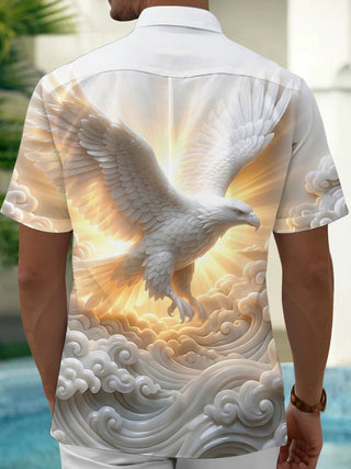 Adaychic Men's 3D 3D Eagle Print Clouds Print Short Sleeve Shirt with Chest Pocket