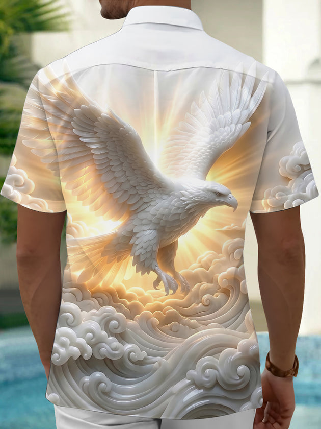 Adaychic Men's 3D 3D Eagle Print Clouds Print Short Sleeve Shirt with Chest Pocket