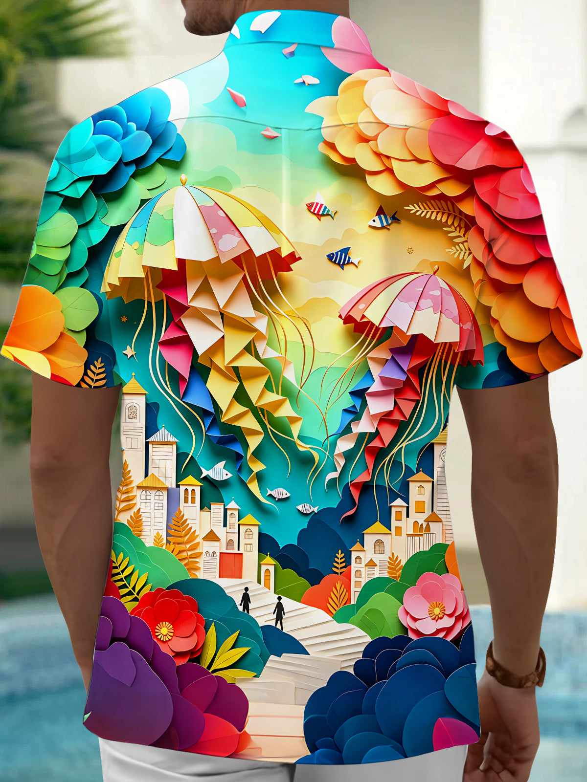 Adaychic Men's Graphic 3D Relief Jellyfish Print Short Sleeve Shirt with Chest Pocket