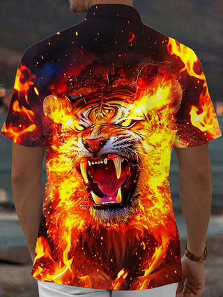 Adaychic Men's Tiger Flame Graphic Short Sleeve Button Down Shirt with Chest Pocket