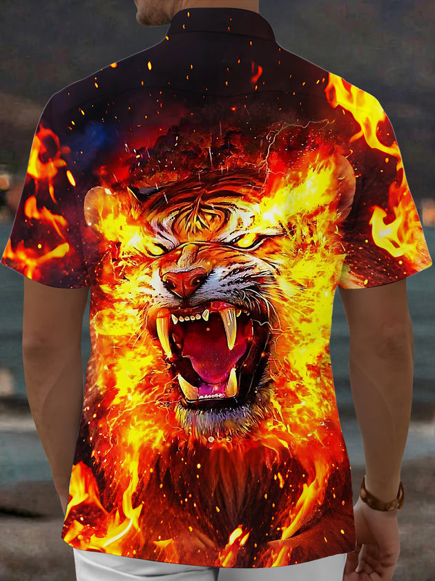 Adaychic Men's Tiger Flame Graphic Short Sleeve Button Down Shirt with Chest Pocket