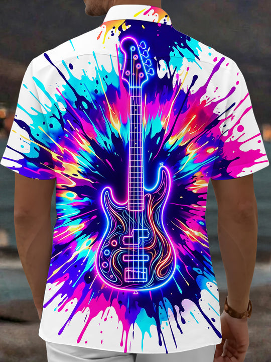 Adaychic Men's Short Sleeve Shirt - Neon Electric Guitar With Splatter Paint Print with Chest Pocket
