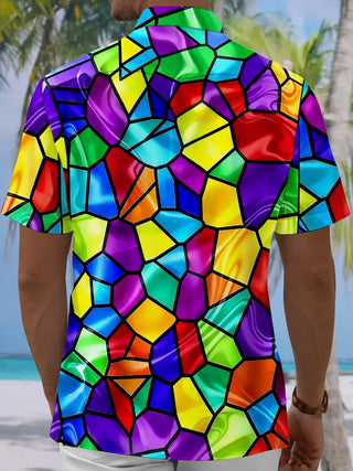 Adaychic Men's Geometric Stained Glass Mosaic Print Short Sleeve Button Down Shirt with Chest Pocket