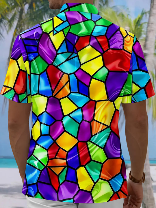 Adaychic Men's Geometric Stained Glass Mosaic Print Short Sleeve Button Down Shirt with Chest Pocket