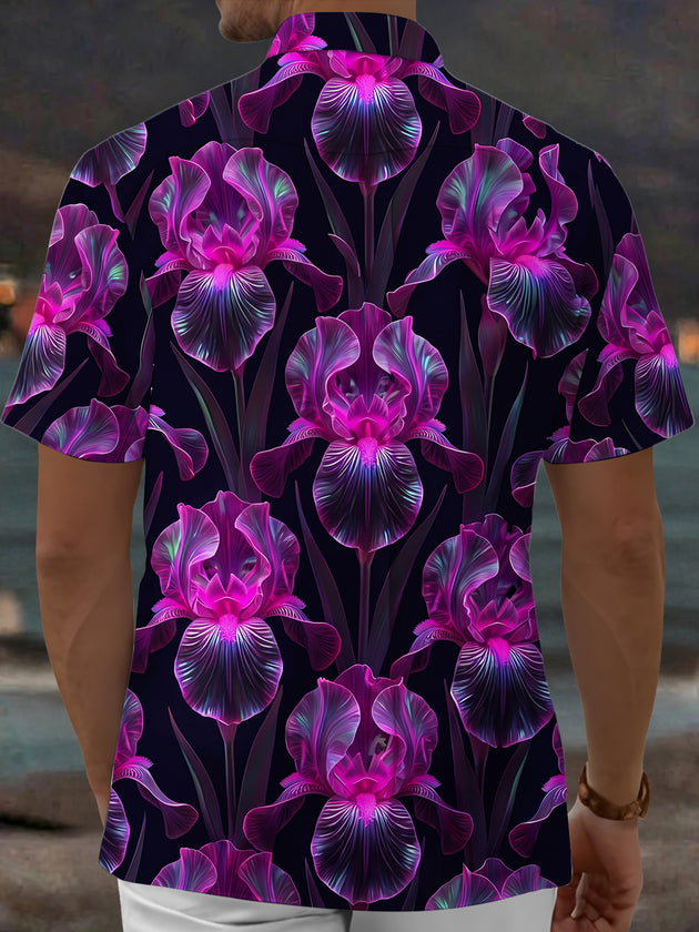 Adaychic Men's Hawaiian Purple Iris Flowers Print Short Sleeve Shirt with Chest Pocket