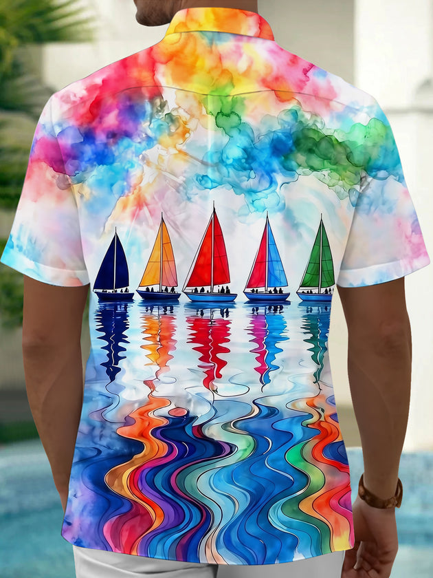 Adaychic Men's Graphic Watercolor Sailboats Print Short Sleeve Shirt with Chest Pocket