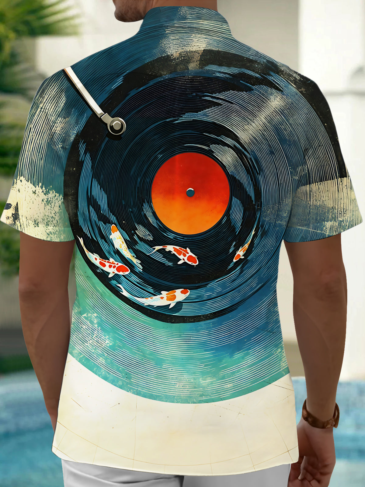 Adaychic Men's Hawaiian Vinyl Record Print Koi Fish Print Short Sleeve Shirt with Chest Pocket